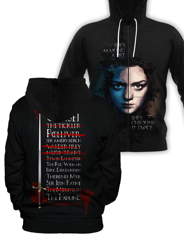 Fandomaniax - Arya's Kill List Unisex Zipped Hoodie