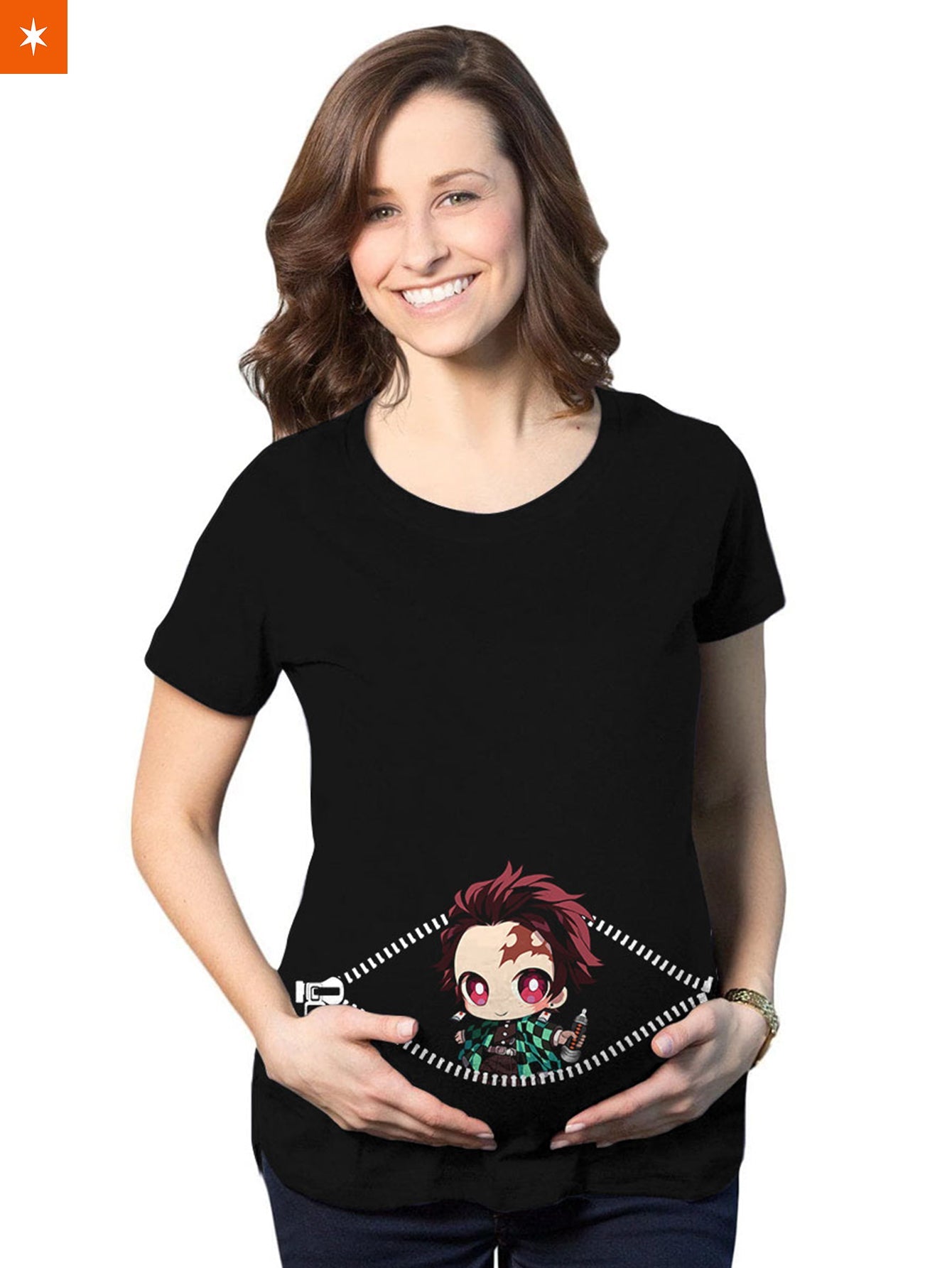 Chibi Tanjiro Peeking Maternity T-Shirt - Fandomaniax